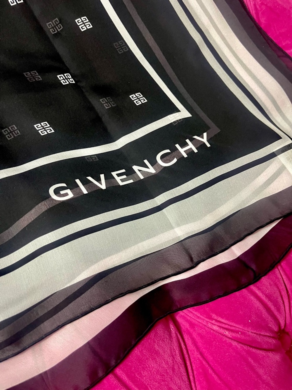 Givenchy Black and White Logo Border Silk Scarf
